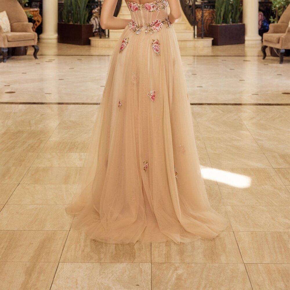 New Champagne Floral Lace Embellished A-Line Prom Gown w/ Corset Bodice NX Y1803 - Picture 10 of 10